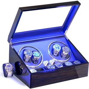 ANWBROAD Watch Winder for Automatic Watches 4 Watch Rotator and 6 Extra Storages with Super Quiet Mabuchi Motor LED Backlight Watch Turner Piano Paint Watch Shaker 4 Rotating Modes Gift USB UJWW002E