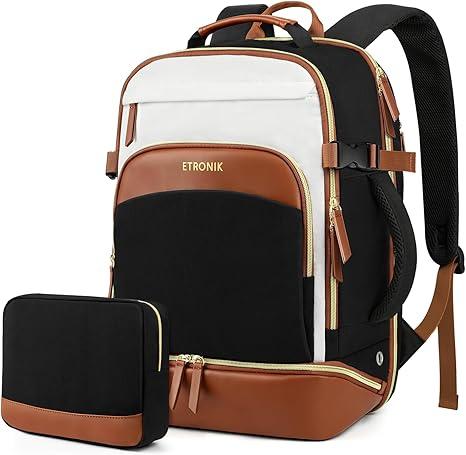ETRONIK Travel Backpack for Women, Carry on Backpack Flight Approved with Shoe Compartment & Wet Pocket, Personal Item Travel Bags Fit 17.3" laptop, Travel Work Business Backpack, BLACK BROWN