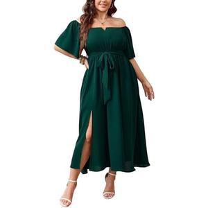 SCOMCHIC Womens Plus Size Formal Dresses Off The Shoulder Wedding Guest Cocktail A-Line Split Maxi Dress with Pockets. Size 1XL.