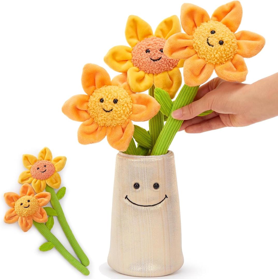 Tezituor 14inch Flower Plush for Mother's Day Sunflower Bouquet Toy for Girls, Lavender-Scented Decorations Valentine's Day Anniversaries Graduation Gifts, 3 Flower & 1 Vase