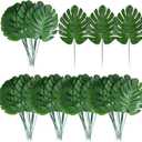 XONOR 100Pcs Artificial Monstera Leaves Fake Tropical Faux Palm Leaves with Stem for Jungle Hawaiian Dinosaur Luau Party Table Decoration Wedding Birthday Theme Party, Leaf Size: 7''x 5''