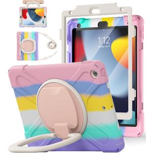 BATYUE for iPad 9th/ 8th/ 7th Generation Case (iPad 10.2 inch Rugged Case 2021/2020/2019) with Screen Protector, Rotating Stand/Pencil Holder/Carrying Shoulder Strap (Colourful Pink)