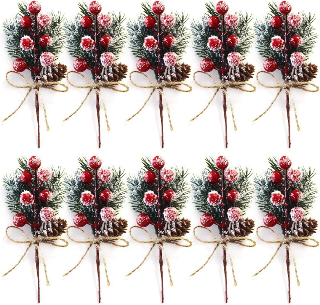 Artificial Red Berry Stems Pine Branches with Twine Bow,Christmas Pine Picks Fake Red Berry Wreath Picks, Christmas Trees Decoration Bouquets Garland Wreath Arrangements for Holiday Decor(20 Pack/red)