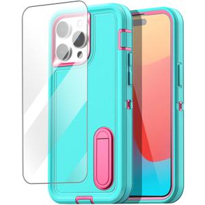 AICase for iPhone 15 Pro Max Case Built-in Stand with Glass Screen Protector,Heavy Duty Drop Protection Full Body Rugged Shockproof Military Protective Tough Durable for iPhone 15 Pro Max 6.7"_3 (Water Blue/hot pink+Glass Protector)