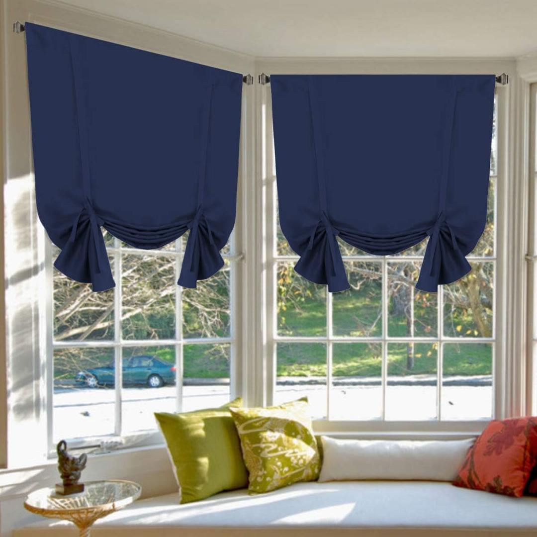 H.VERSAILTEX Thermal Insulated Blackout Tie Up Curtain Room Darkening Window Shade Rod Pocket Panel for Small Window (Navy, W42 x L63, 2 Panels)