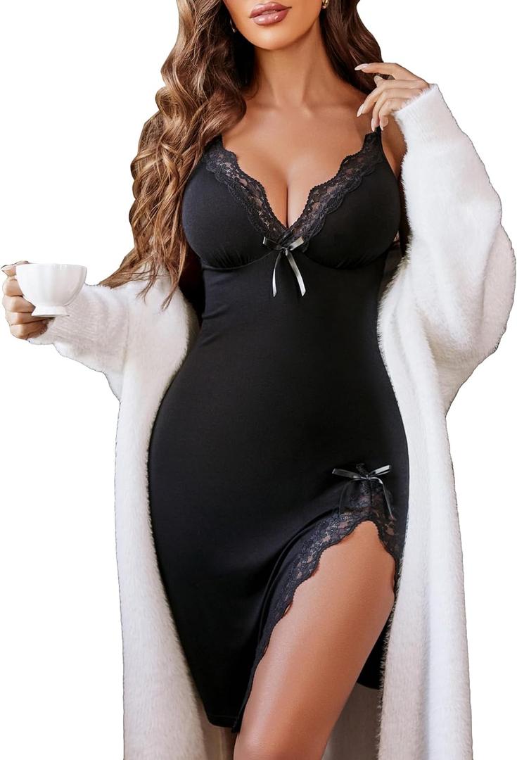 Avidlove Lingerie for Women Sexy Lace Nightgowns Side Slit Sleepwear V Neck Babydoll Chemise (Medium, Black)