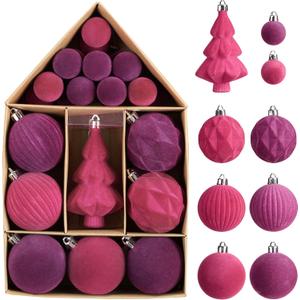 DecorbyHannah Velvet Ornaments for Christmas Tree, 24ct Mini Pink Purple Christmas Ornaments Set, Small Shatterproof Flocked Ball Bulk for Xmas Home Party Table Decorations