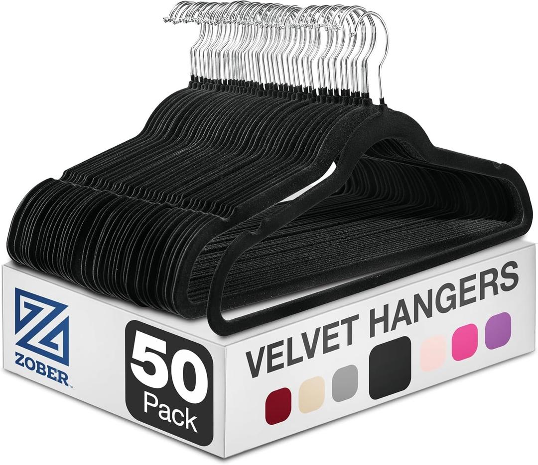 Zober Velvet Hangers - Black for Coats, Pants & Dress Clothes - Non Slip w/ 360 Degree Swivel, Holds up to 10 lbs - Strong Felt Hangers for Clothing (50 Pack)