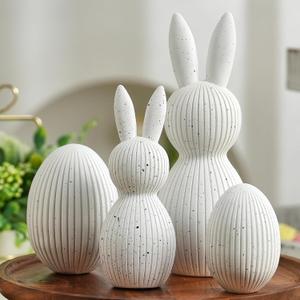 AOMOONOA White Bunny and Egg Figurine Set for Modern Easter Decor, 4Pcs Resin Easter Rabbit and Egg Statues with Speckle for Minimalist Home Shelf Mantle Decor, Tabletop Centerpiece