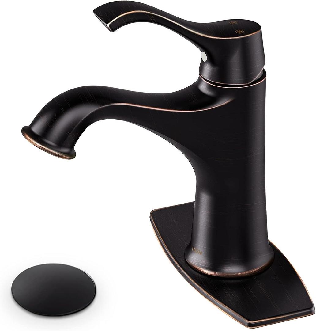 HGN Bathroom Faucet Oil Rubbed Bronze Bathroom Sink Faucet Farmhouse Spout Lavatory Vanity Deck Mount Single Handle 1 Hole Matching Pop Up Drain Stopper Supply Lines Hose (ORB)