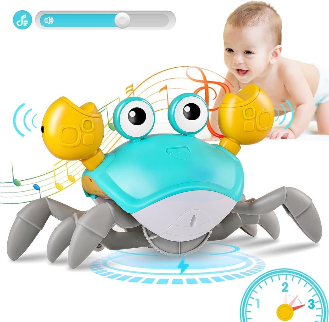 PintreeLand Crawling Crab Baby Toys Upgrade Version  3 Speed & Music Control, Infant Tummy Time Interactive Walking Toddler Toy for 3 4 5 6 7 8 9 10 11 12 Year Old Boys or Girls (Blue)