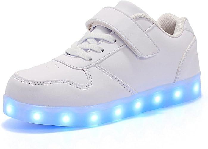 Kids LED Lights Up Shoes USB Charging Luminous Trainers 7 Colors Flashing Lace Up Sneakers Sport Running Shoes/Unisex Boys Girls Children Birthday Gifts, White