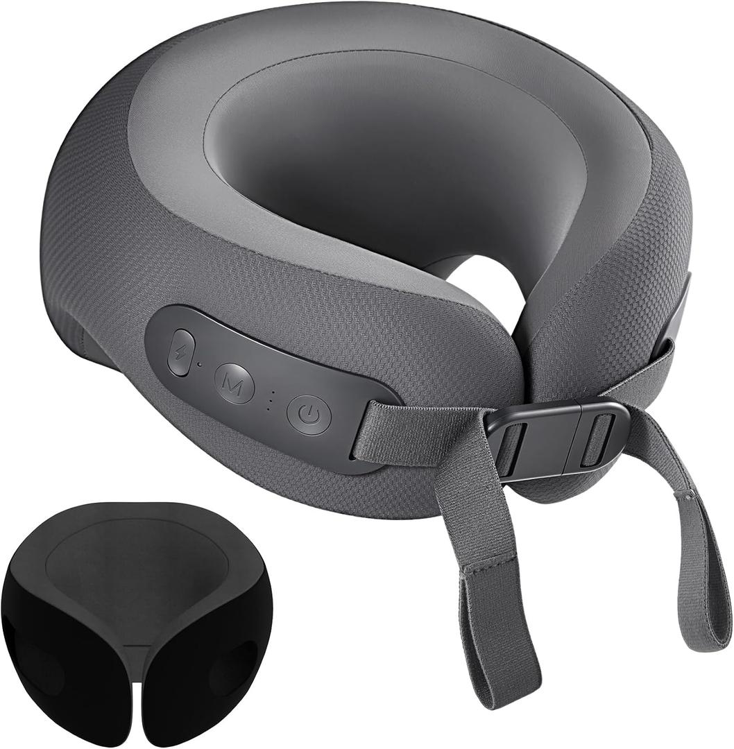 Heated Travel Neck Pillow with Vibrating for Airplane, Memory Foam | Ergonomic Memory Foam Neck and Head Support, 3 Heat & 3 Vibrating Levels, Adjustable fit, Soft Washable Cover
