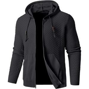 Zaitun Men's Full Zip Up Hooded Cardigan Sweater with Pockets (Medium, Black)