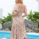 Dressystar Floral Summer Dress V Neck Midi Women Sun Dresses Short Sleeve Ruffle Casual Boho Vacation (Medium, Orange Blue Flower)