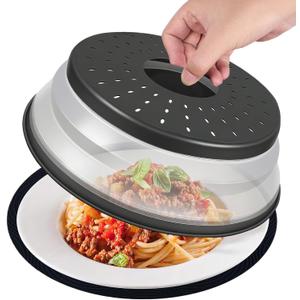 WENWELL 12 Inchs Microwave Splatter Cover & Silicone Mat, Large Vented Collapsible Guard dish Plate lid & Round Kitchen Mat for Food (black)