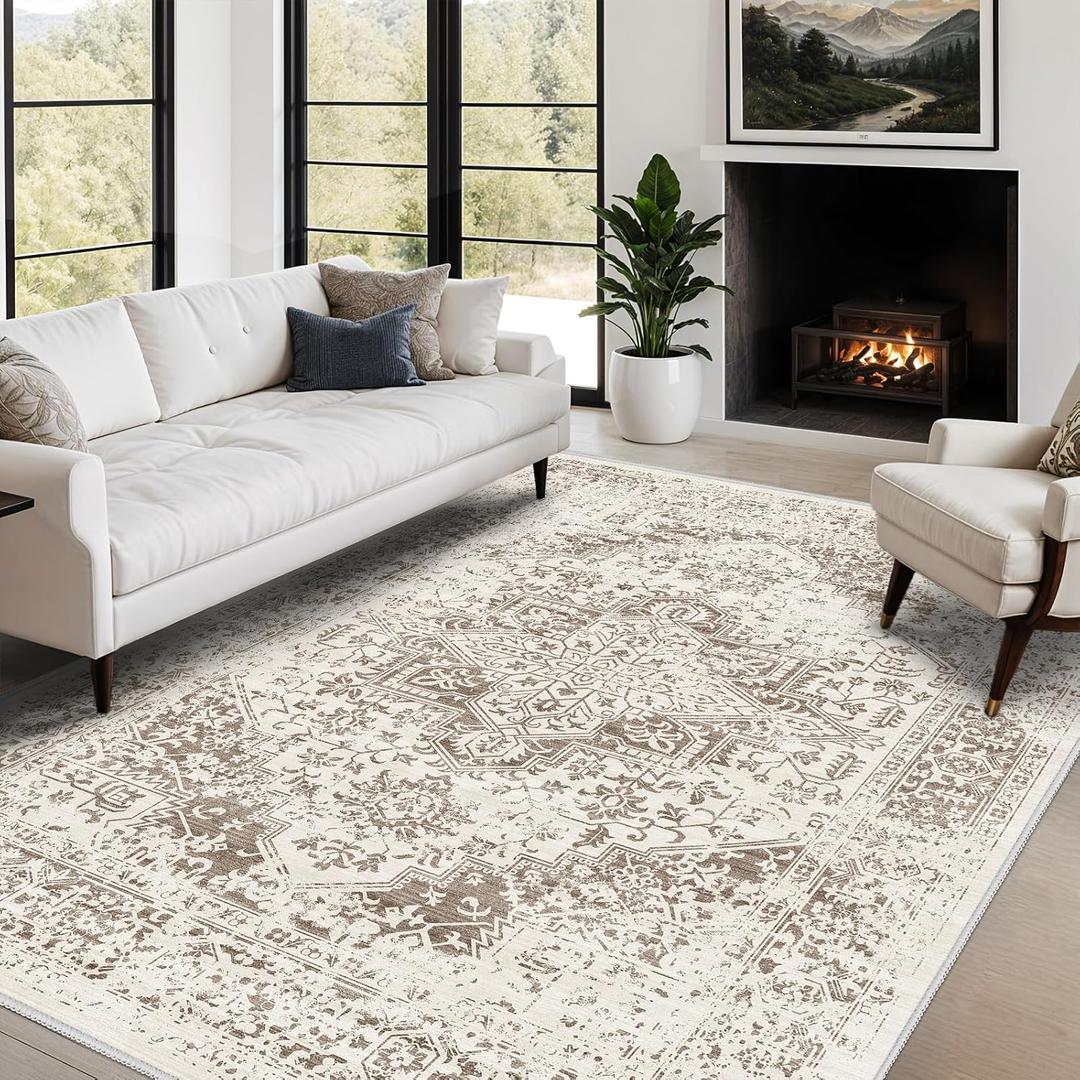 Distressed Washable 8x10 Area Rugs: Living Room Low Pile Rug - Bedroom Kitchen Apartment Laundry Rugs Indoor Non-Slip Thin Vintage Boho Decor Floor Faded Carpet Light Brown