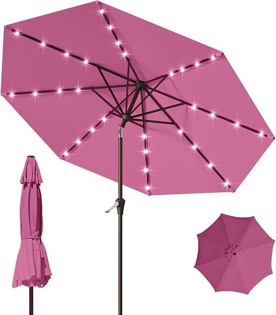 Tobeos 9FT Patio Umbrella with Solar Lights,Outdoor Market Umbrella with Tilt and Crank, LED Lighted Table Umbrella for Garden,Deck,Backyard,Pool,Beach, Pink