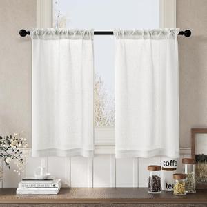 Linen Sheer Curtains for Kitchen Windows 36 Inch Rod Pocket Length Light Filtering Privacy Short Curtains Farmhouse Boho for Bathroom RV 2 Panels Ivory White
