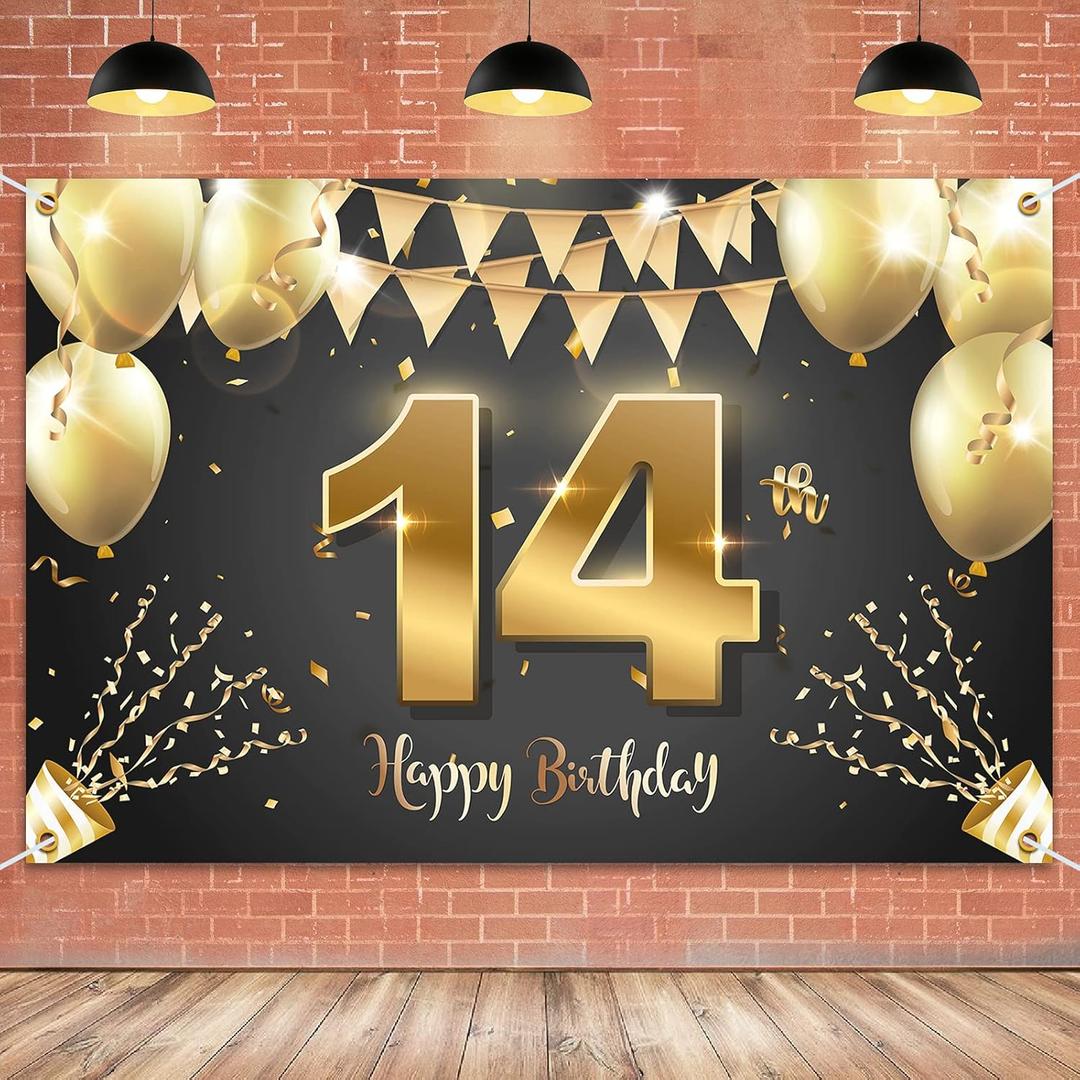 HAMIGAR 6x4ft Happy 14th Birthday Banner Backdrop - 14 Years Old Birthday Decorations Party Supplies for Girls Boys - Black Gold