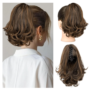 KooKaStyle Ponytail Extension, 2" Short Claw Clip in Pony Tails Hair Extensions Curly Wavy Synthetic Drawstring Hairpieces for Women Fake Ponytail(Dark Brown with Golden Auburn)