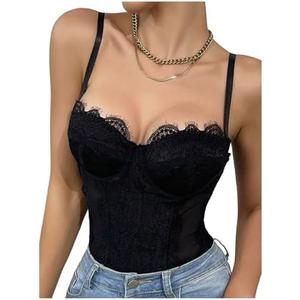 SweatyRocks Women's Lace Corset Shapewear Bodysuits Backless Sleeveless Thong Bodysuit Shirt Tops, M
