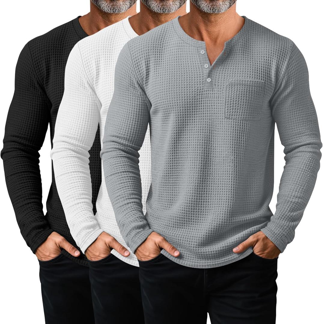 3 Pack Men's Waffle Henley Long Sleeve Thermal Shirts, Lightweight Casual Undershirts Pullover Tops with Pockets (Large, Black, White, Gray)