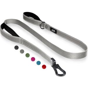 TwoEar 6FT 1IN Strong Gray Dog Leash with 2 Padded Handles, Traffic Handle Extra Control, Comfortable Soft Dual Handle, Auto Lock Hook, Reflective Walking Lead for Small Medium and Large Dogs