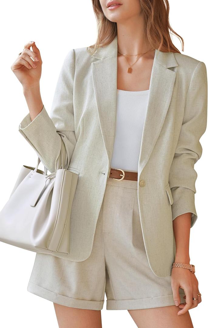 Arach&Cloz Womens Blazers for Business Casual 2026 Fashion Linen Blend Open Front Long Sleeve Suit Jackets Trendy Work Office Blazer with Pockets Dressy Summer Clothes for Women Beige S
