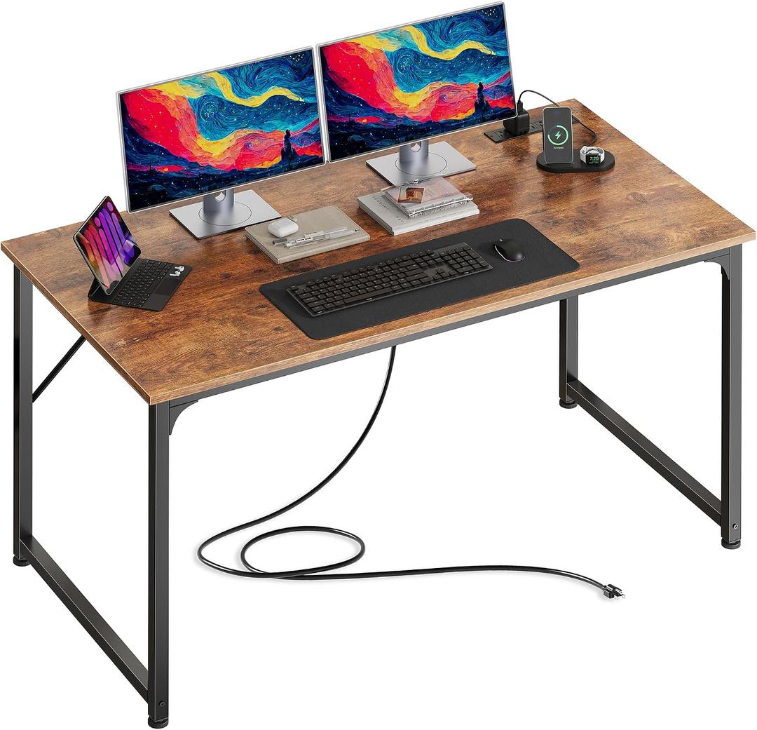 PRAISUN 47 X 24 Inch Computer Desk with Power Outlets & USB-C Port, Office Desk with Deeper Desktop, Study, Bedroom, Writing Work from Home Table, Metal Frame, Rustic Brown