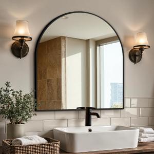 Vanity Bathroom Mirror for Wall, 32x30 Arched Bathroom Mirror for Over Sink, Arched Metal Frame for Bedroom, Living Room, Entryway, Hanging or Leaning, Black