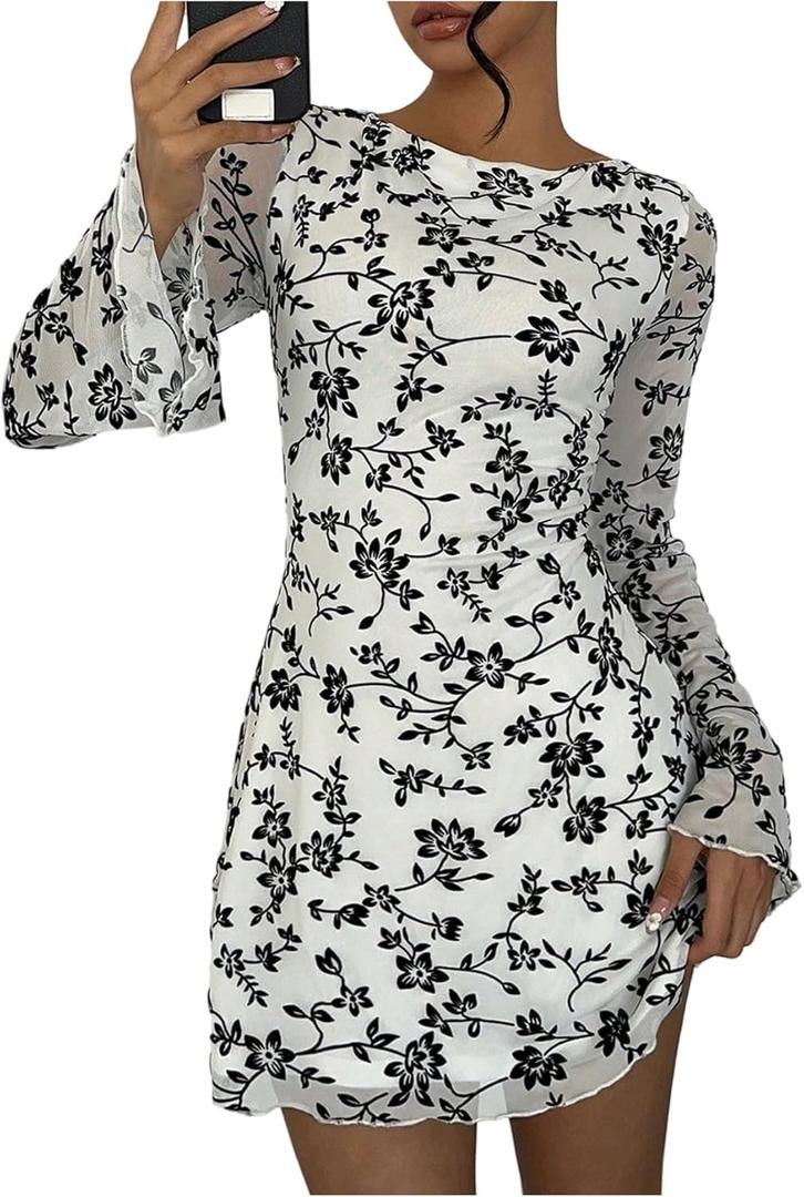 SOLY HUX Women's Floral Sexy Mesh Mini Dress Bell Long Sleeve Bodycon Going Out Dresses (Medium)