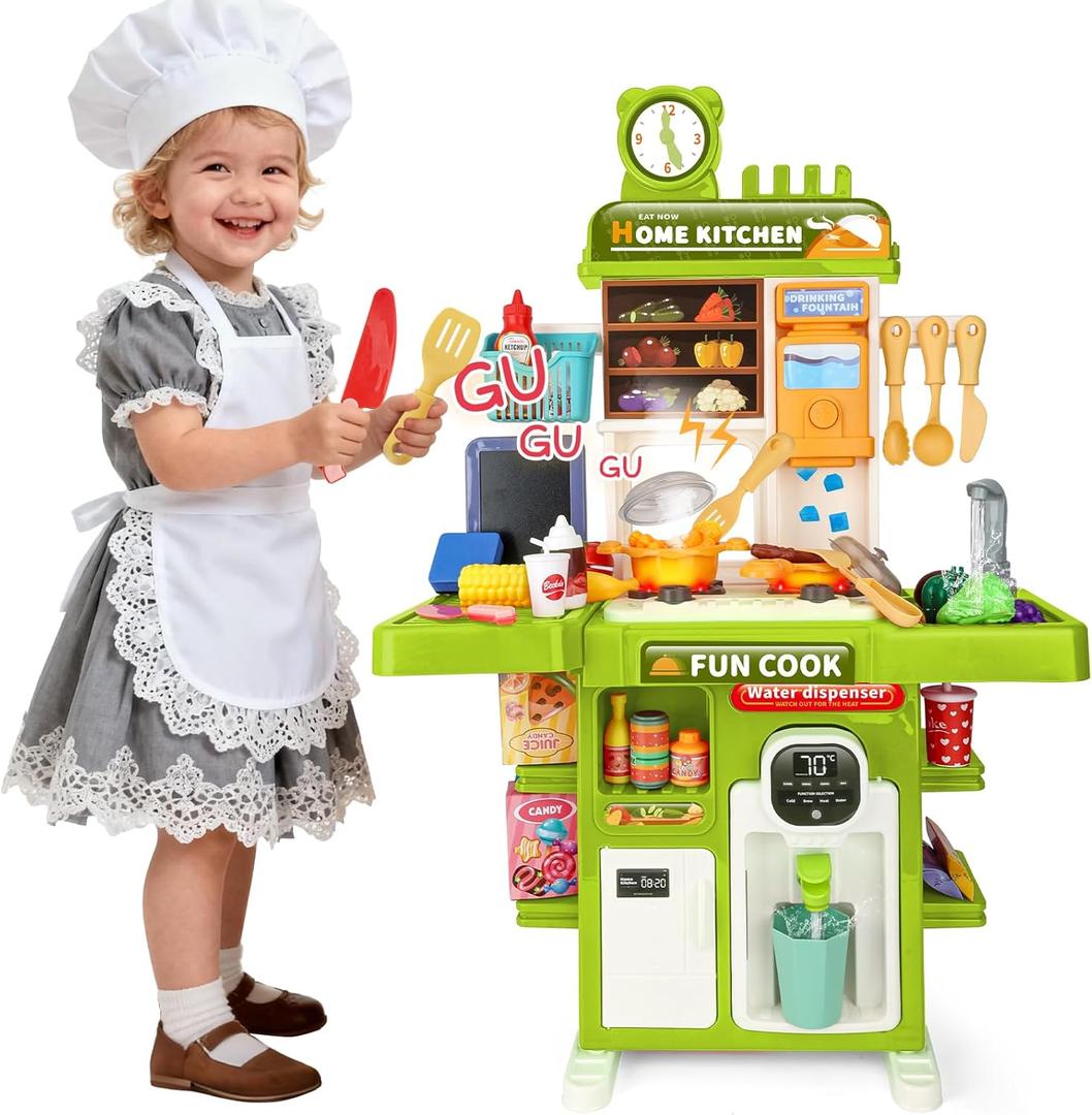 Kids Kitchen Playset Mini Play Kitchen Toy for Toddlers with Stove, Sound & Light Pretend Cooking Toys for 3 4 5 Year Old Boys Girls Gifts (Green)