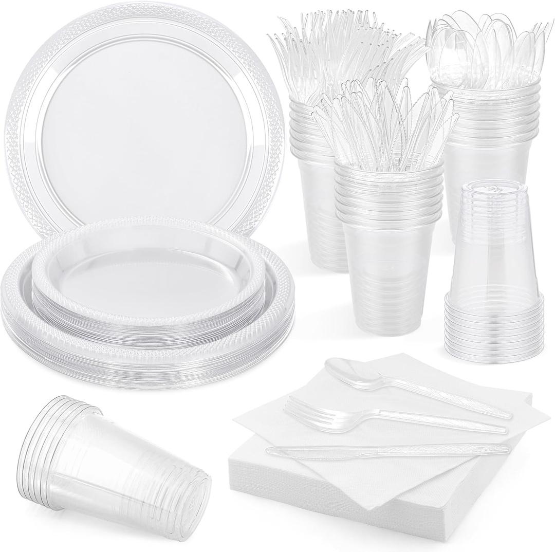 Aodaer 200 Pieces Clear Party Supplies Disposable Dinnerware Set Include Plastic Plates Cups Knives Forks Spoons Paper Napkins for Birthday Wedding Graduation Parties, Serve 25 Guests