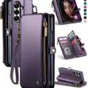 Defencase for Samsung Galaxy Z Fold 7/ Fold7 Wallet Case with RFID Blocking 10-Card Holder, Fashion Soft PU Leather Magnetic Snap Flip Zipper Wrist Strap Phone Case for Galaxy Z Fold 7 5G, Purple