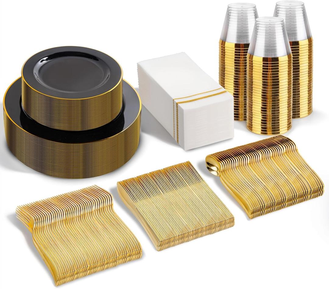 SUT 350-Piece Black and Gold Disposable Plates - Elegant Plastic Dinnerware for 50 Guests, Includes Cups & Napkins | Durable Leak-Proof Design for Weddings, Birthdays, Holidays