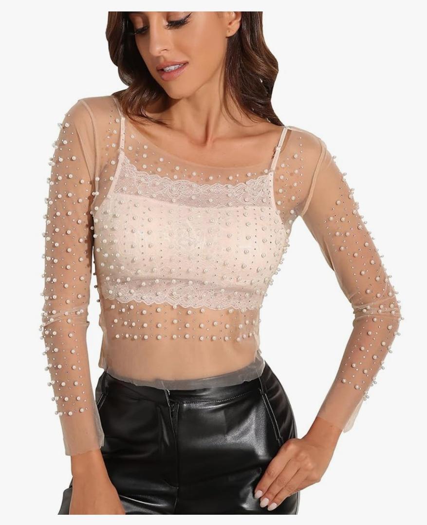 Women's Pearl Rhinestone See Through Long Sleeve Mesh Blouse One Piece Cover Up Halloween Festival Crop Top 2XL