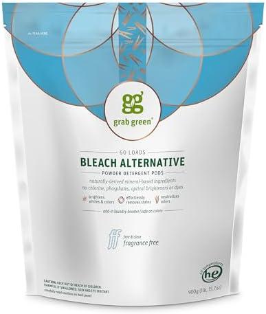 Grab Green Bleach Alternative Pods, 60 Count, Chlorine Free, Fragrance Free, Plant and Mineral Based, Laundry Booster to Brighten Whites, Removes Stains, Neutralizes Odors (BB: 03/2026)