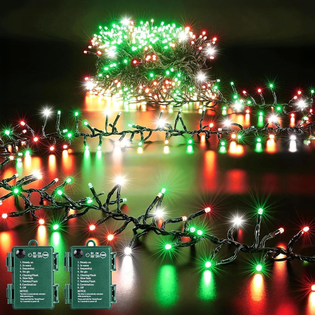 Minetom Christmas Cluster Lights Battery Operated, 2 Pack 10Ft 120 LED Christmas Tree Lights Firecracker String Lights Waterproof Twinkle Lights for Wreath Xmas Tree Decorations, Red Green White