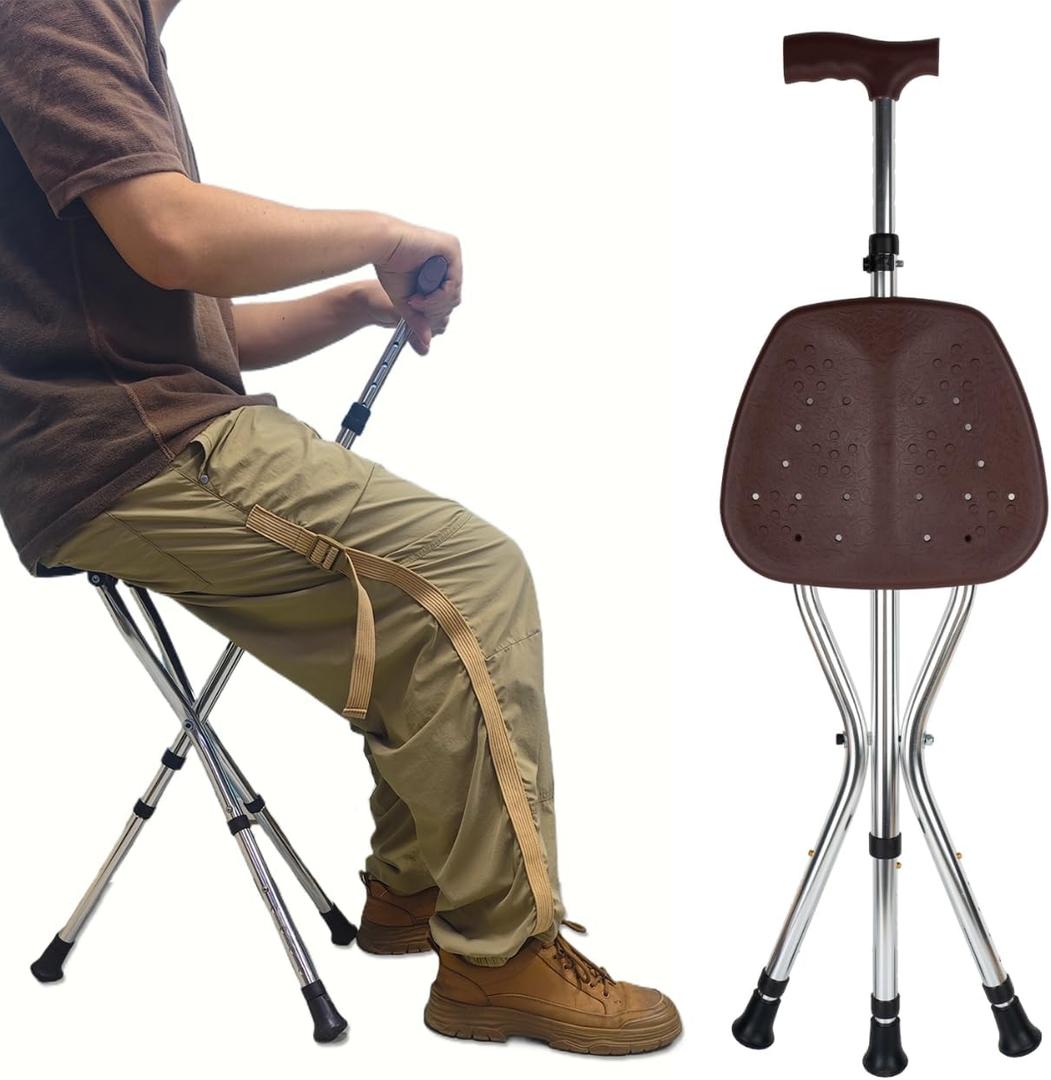 GvHomilov Cane with Seat Folding Lightweight, Cane Chair for Seniors Balance Supports Up to 265 Pounds, Walking Stick Height Adjustment，Anti-Slip Walking Stick for Elderly Men, Disabled