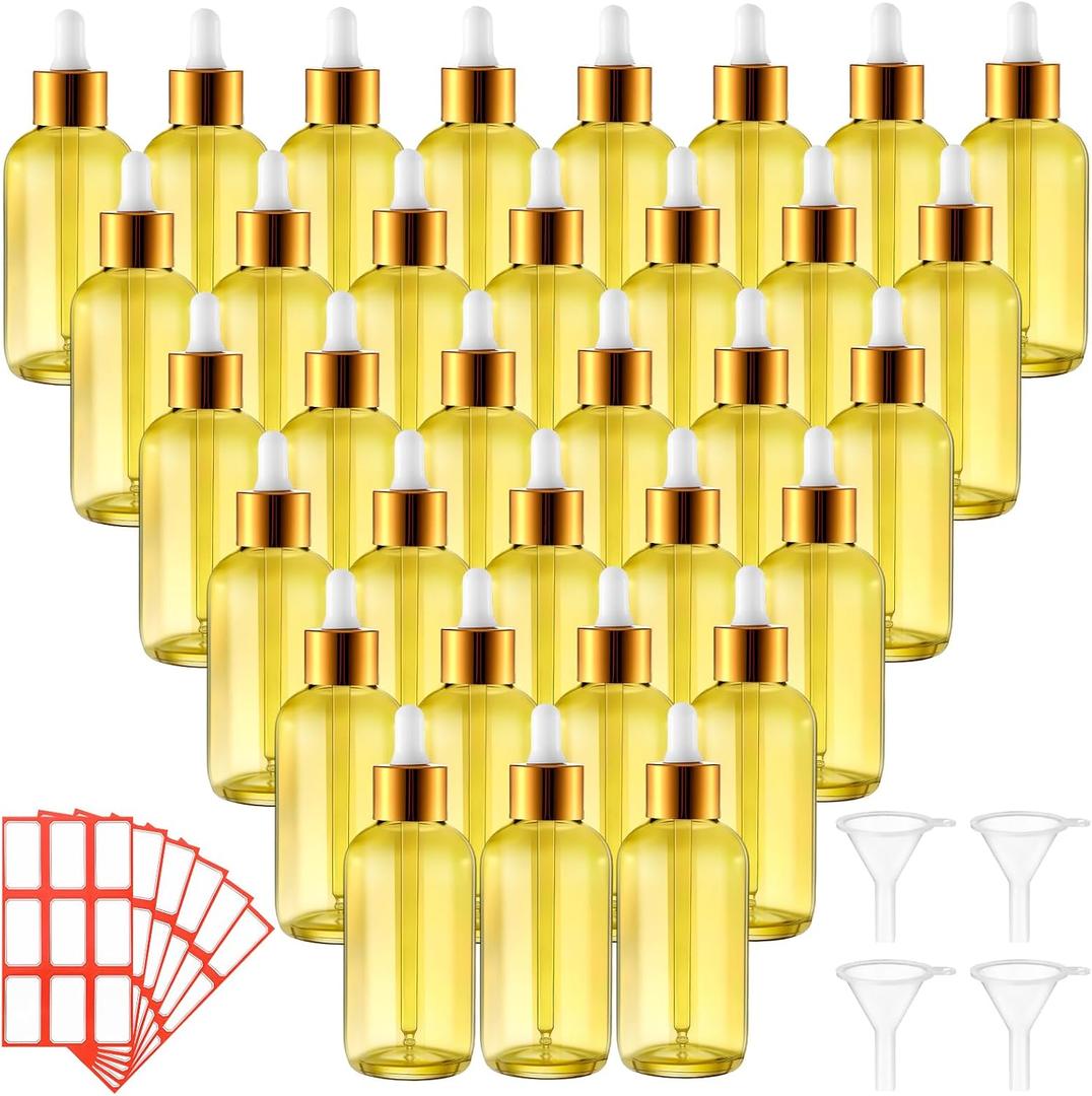 Dandat 50 Pack 4 oz Glass Dropper Bottles Leakproof 120 ml Glass Tincture Bottles with Eye Droppers, 4 Funnels, 54 Labels for Essential Oil Perfumes Hair Oil(Yellow)