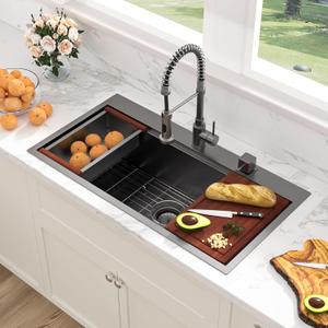 Sarlai 36 Inch Black Drop In Kitchen Sink Workstation - 36x19 Drop In Kitchen Sink Black Stainless Steel Topmount Workstation Sink 16 Gauge Deep Single Bowl Top-mount Kitchen Sink (36"x19"x10", Gunmetal Black)
