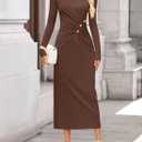 ZESICA Womens 2026 Fall Long Sleeve Mock Neck Bodycon Midi Dress Ruched Knit Elegant Party Cocktail Formal Dresses (Brown, M)