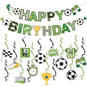 SUNBEAUTY 26PCS Soccer Birthday Party Decorations Pre-strung 8.2 Feet Soccer Happy Birthday Banner Soccer Hanging Swirls Party Decorations for Kids Boys’ Bday Party Decor