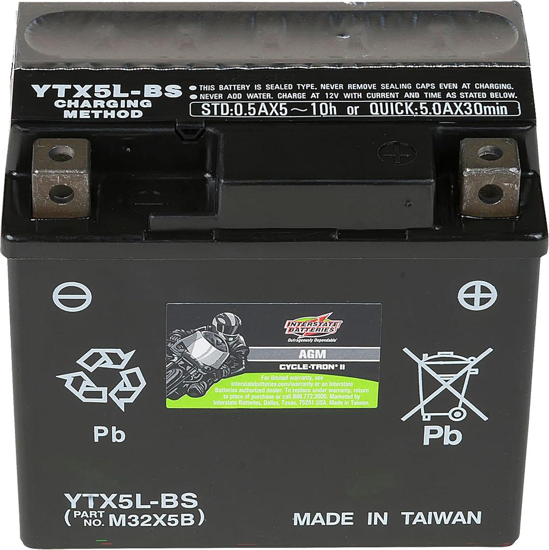 Interstate Batteries YTX5L-BS 12V 4Ah Powersports Battery 80CCA AGM Rechargeable Replacement for Kawasaki, Polaris, KTM Motorcycles, ATVs, Scooters, Bikes (CYTX5L-BS/CITX5L-BS)