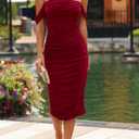 PRETTYGARDEN Summer Off The Shoulder Ruched Bodycon Dresses Sleeveless Sexy Party Club Midi Dress (Medium, Wine Red)