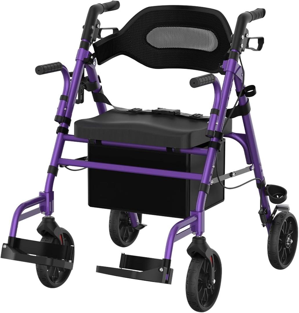 Walkers for Seniors with Seat, Extra Wide 2 in 1 Rollator Walker & Transport Chair with Reversible Backrest & Detachable Footrests, Foldable Wheelchair Combo with 8" Anti-Slip PU Wheels, Purple