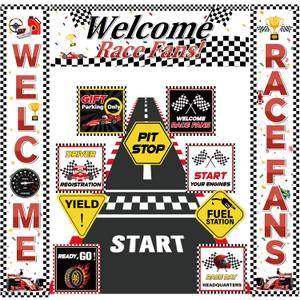 Race Car Birthday Party Decorations, Welcome Race Fans Banner Porch Sign 9 Racing Party Signs Racetrack Floor Runner for Birthday Supplies Baby Shower Lets Go Racing Car Party Decoration