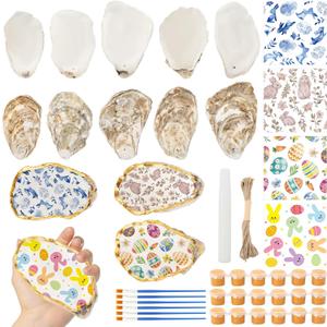 ForraFun 16 Set Easter Oyster Shells for Crafts 4-5 Inch Large Seashells with Holes for Crafting Flat Oyster Shell Kits with Decoupage Napkins Glue Paints Twine Brushs