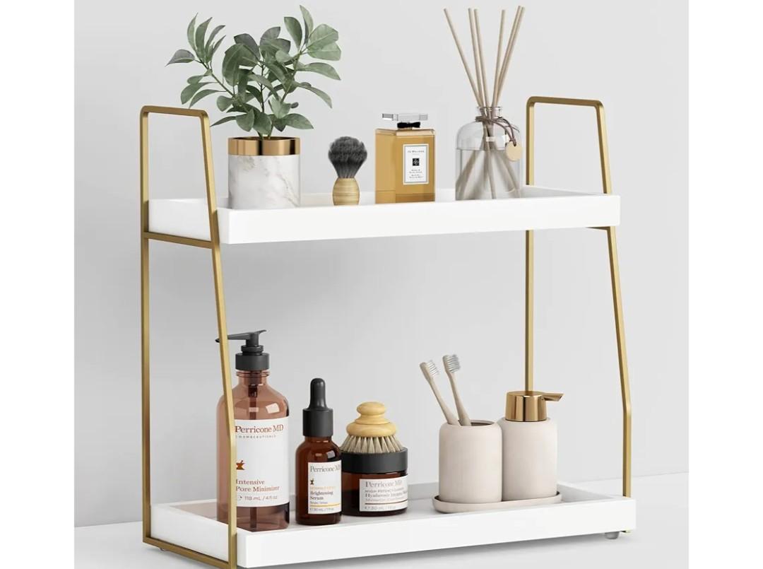 Forbena Bathroom Organizer Countertop, Counter Organizer for Bathroom Decor, Wooden Sink Shelf for Vanity Storage, Makeup Tray for Perfume Skincare Bedroom Kitchen Corner (2 Tier, White and Gold)